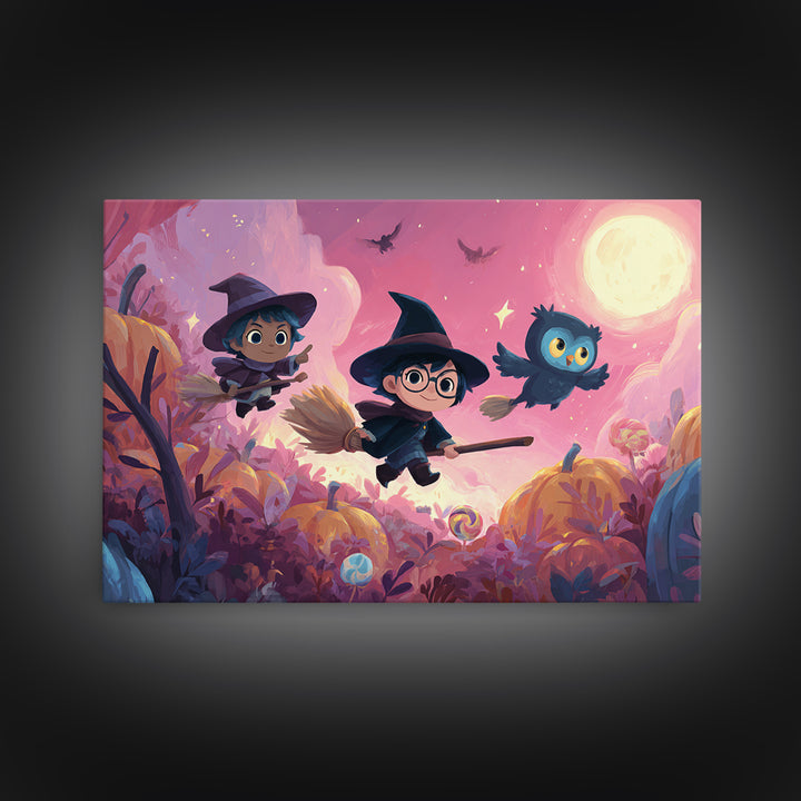 The Broomstick Riding Lesson, Vaporwave Halloween Art, Landscape Wall Art, Framed Canvas Print, Cute Halloween Wall Art