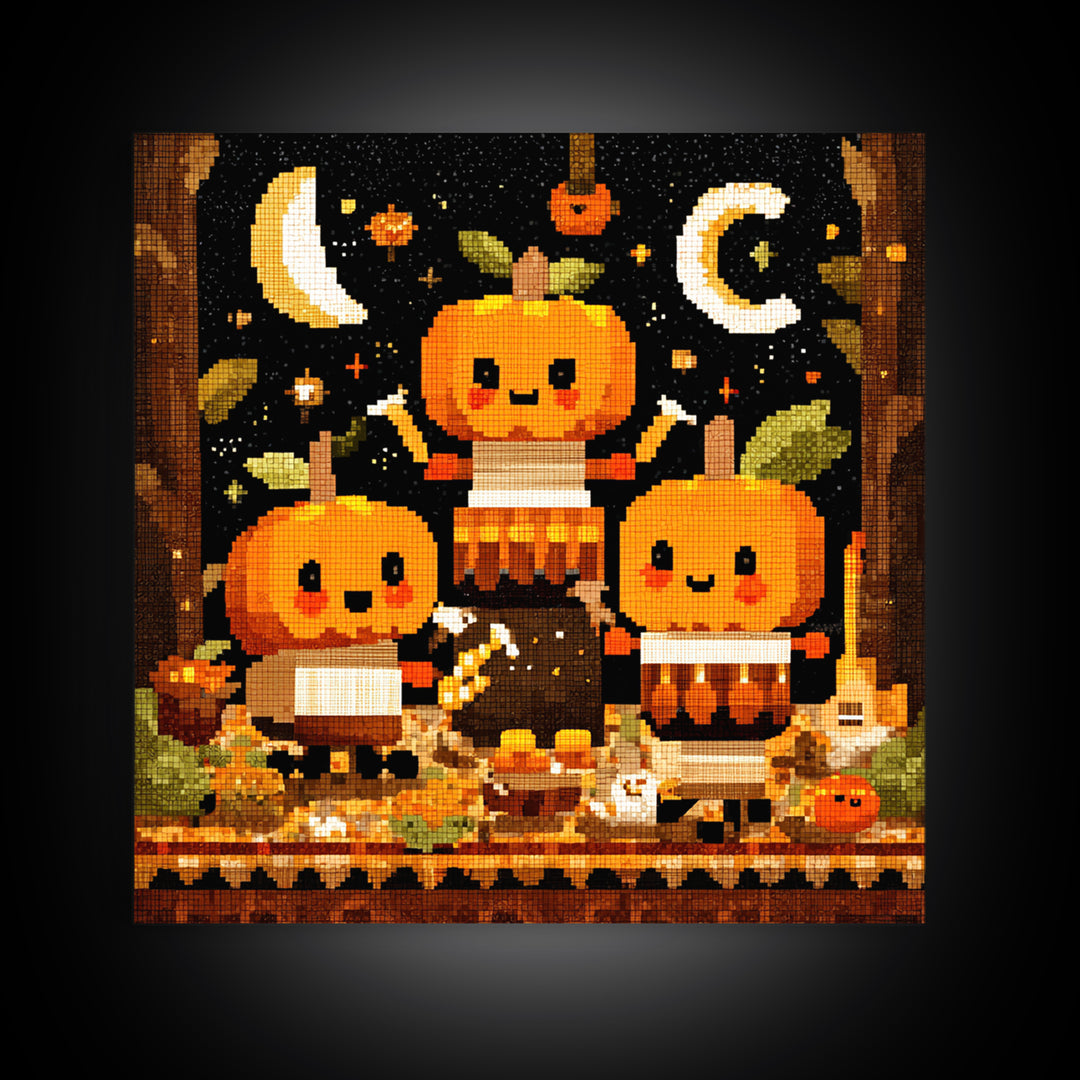 The Pumpkin Music Band, Pixel Halloween Art, Square Wall Art, Canvas Print, Cute Halloween Wall Art, Halloween Kids Decor