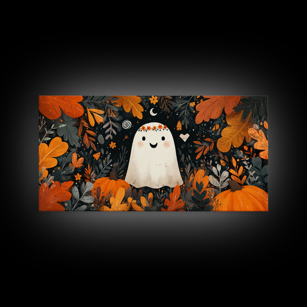 The Ghost With A Flower Crown, Vector Halloween Art, Wide Panoramic Art, Framed Canvas Print, Cute Halloween Wall Art