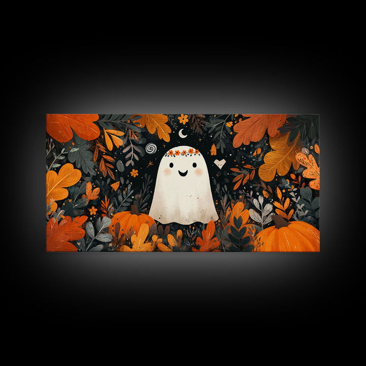 The Ghost With A Flower Crown, Vector Halloween Art, Wide Panoramic Art, Framed Canvas Print, Cute Halloween Wall Art