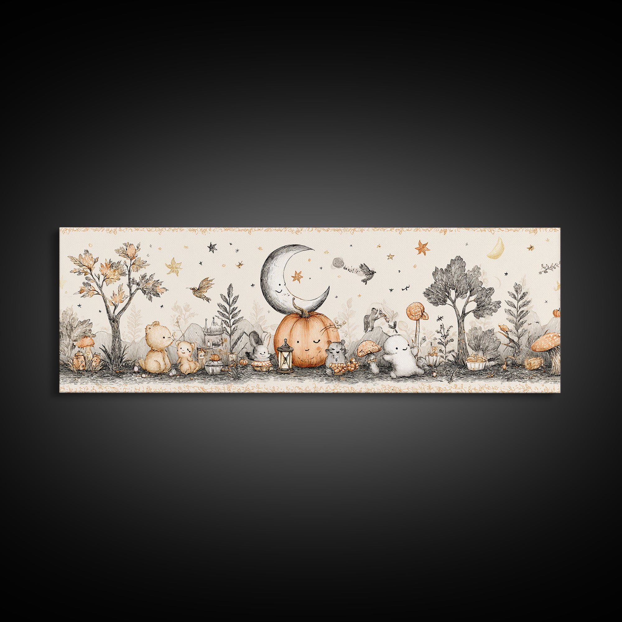 The Smiling Moon Meadow, Hand Sketch Halloween Art, Extra Wide Wall Art, Canvas Print, Cute Halloween Wall Art