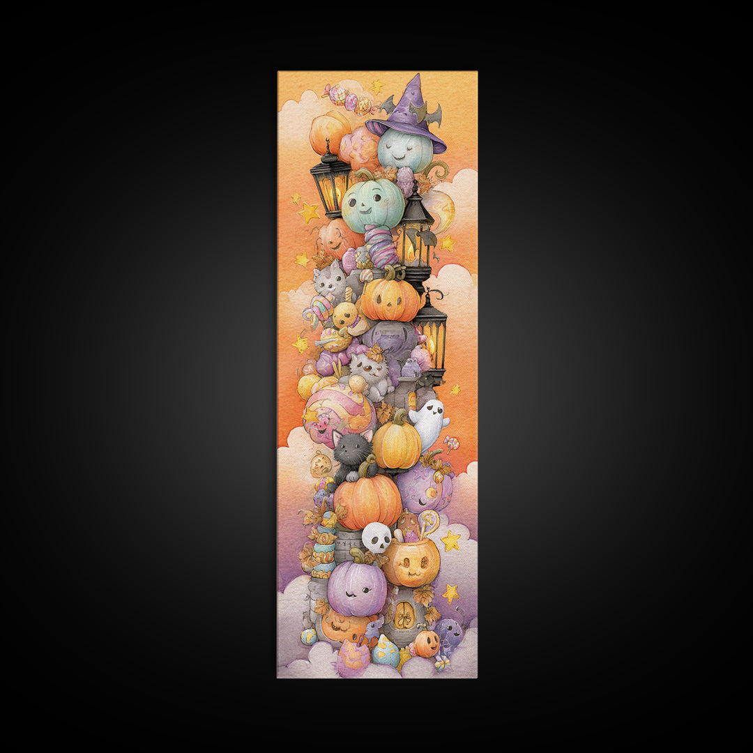 The Festival Of Friendly Frights, Watercolor Halloween Art, Tall Narrow Wall Art, Framed Canvas Print, Cute Halloween Wall Art