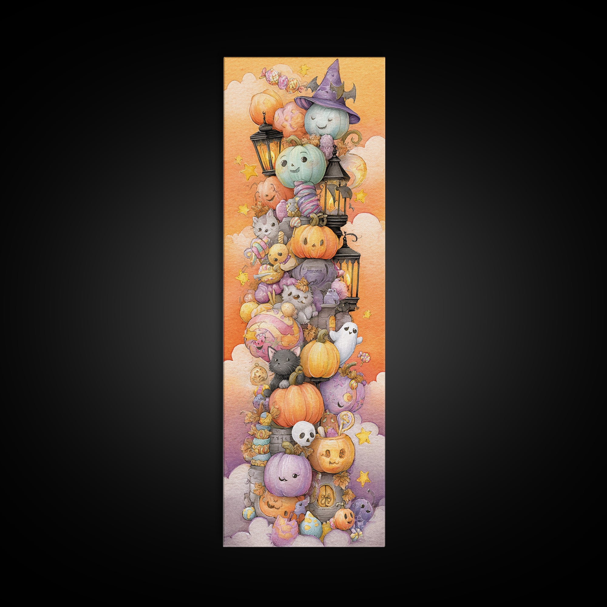 The Festival Of Friendly Frights, Watercolor Halloween Art, Tall Narrow Wall Art, Framed Canvas Print, Cute Halloween Wall Art