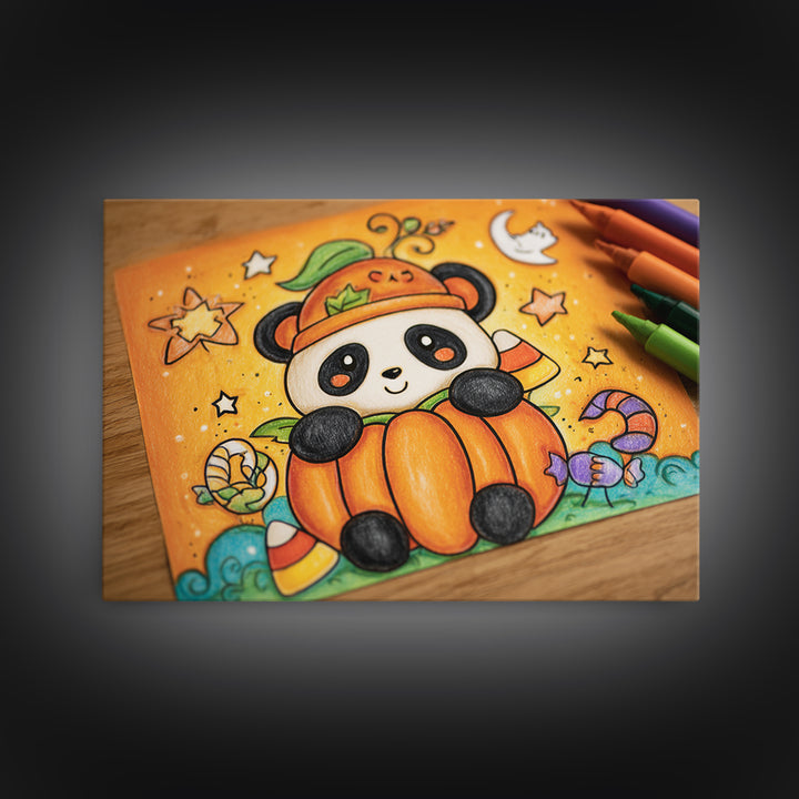 The Panda Pumpkin, Crayon Halloween Art, Landscape Wall Art, Framed Canvas Print, Cute Halloween Wall Art