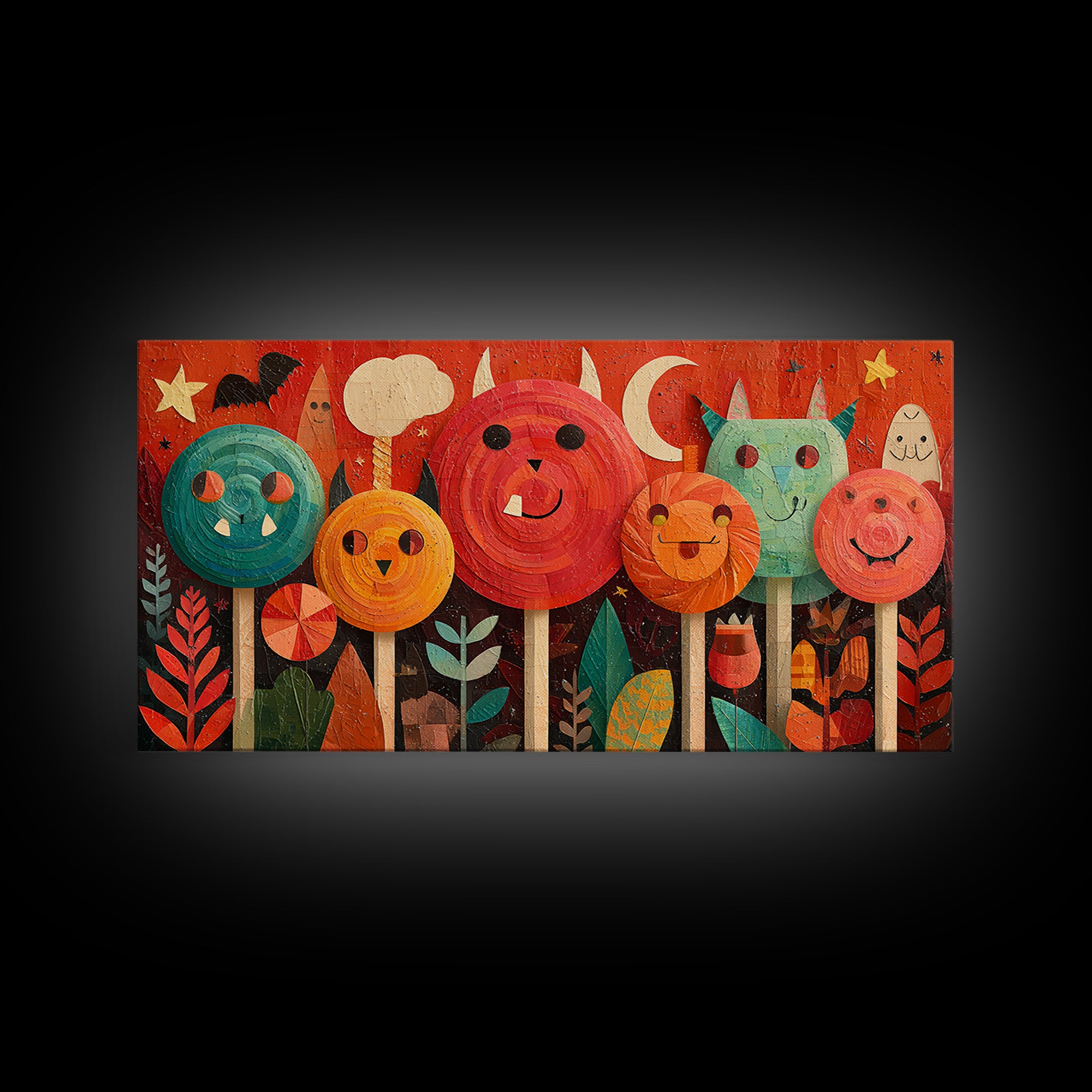 The Friendly Lollipop Monsters, Paper Collage Halloween, Wide Panoramic Art, Framed Canvas Print, Cute Halloween Wall Art