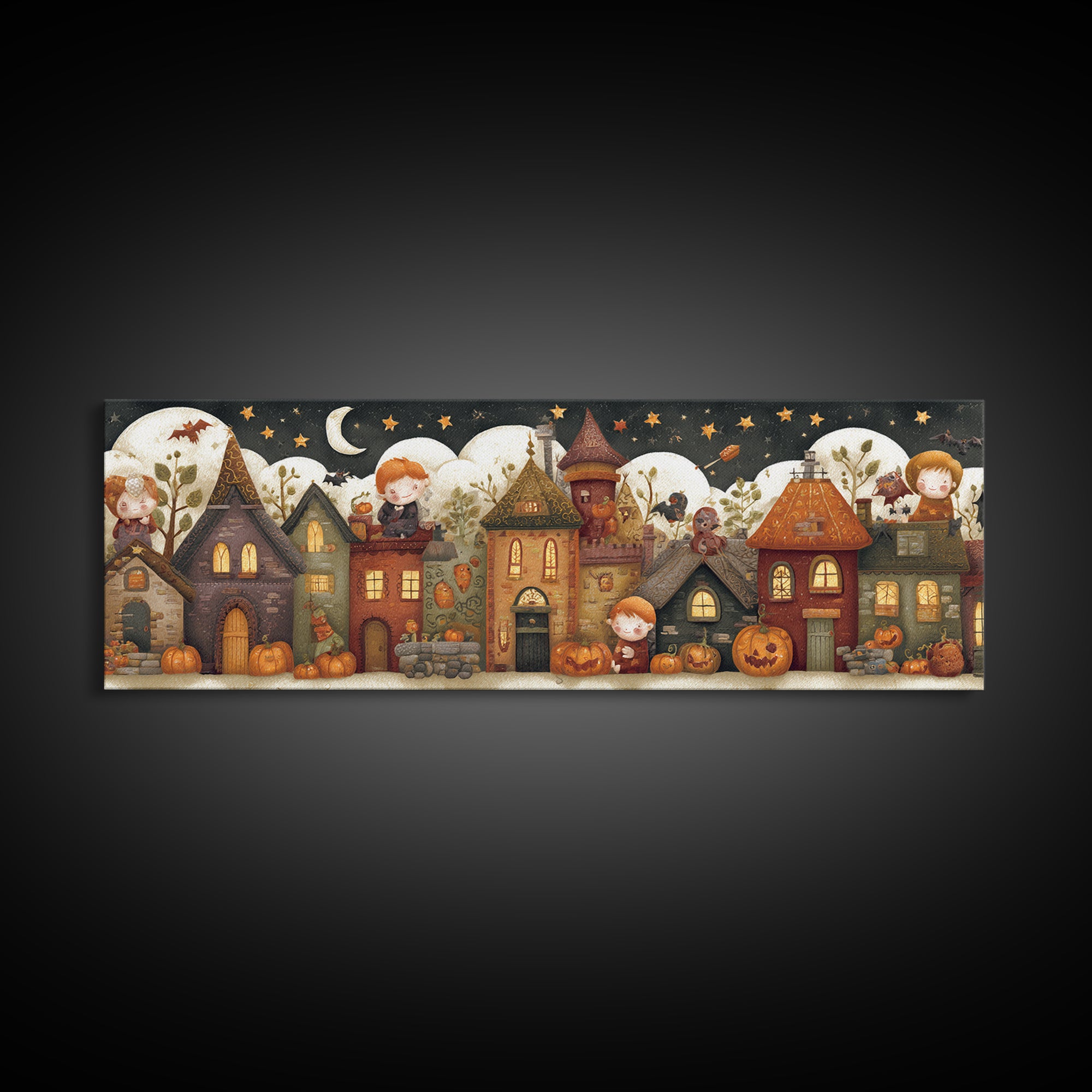 The Trick-Or-Treat Treasure Hunt, Felt Halloween Art, Extra Wide Wall Art, Canvas Print, Cute Halloween Wall Art
