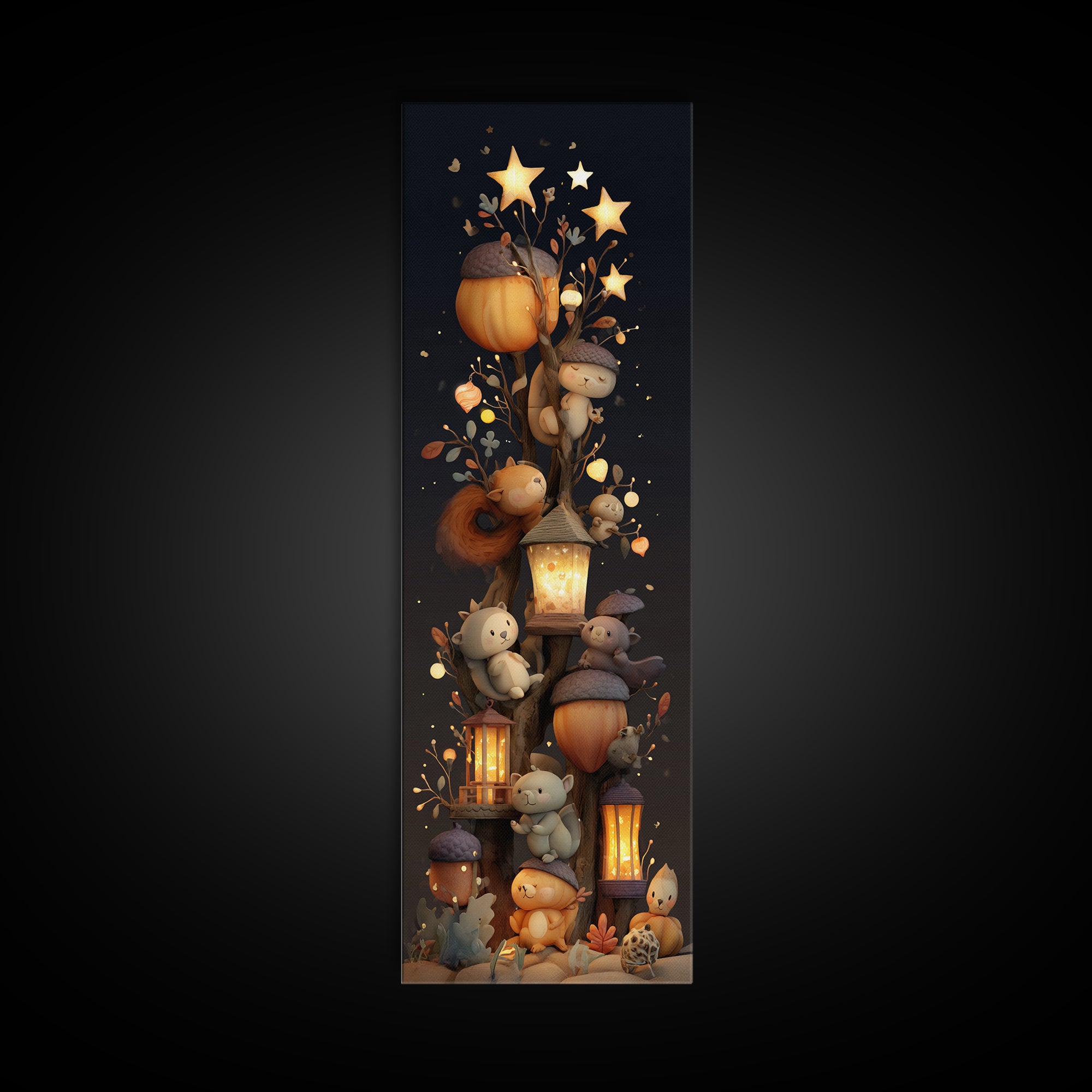 The Acorn Lantern Festival, Clay Halloween Art, Tall Narrow Wall Art, Framed Canvas Print, Cute Halloween Wall Art