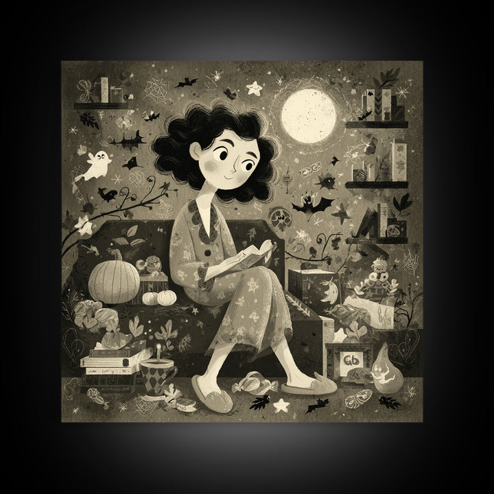The Moonlight Pajama Witch, Retro Halloween Art, Square Wall Art, Canvas Print, Cute Halloween Wall Art