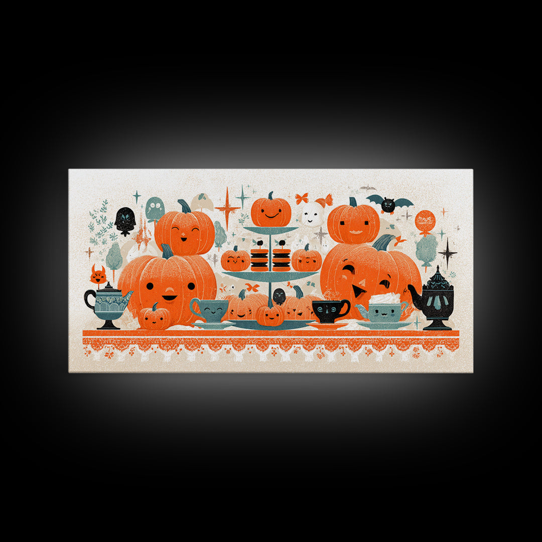 The Pumpkin Tea Party, Screenprint Halloween Art, Wide Panoramic Art, Framed Canvas Print, Cute Halloween Wall Art