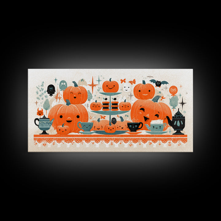 The Pumpkin Tea Party, Screenprint Halloween Art, Wide Panoramic Art, Framed Canvas Print, Cute Halloween Wall Art