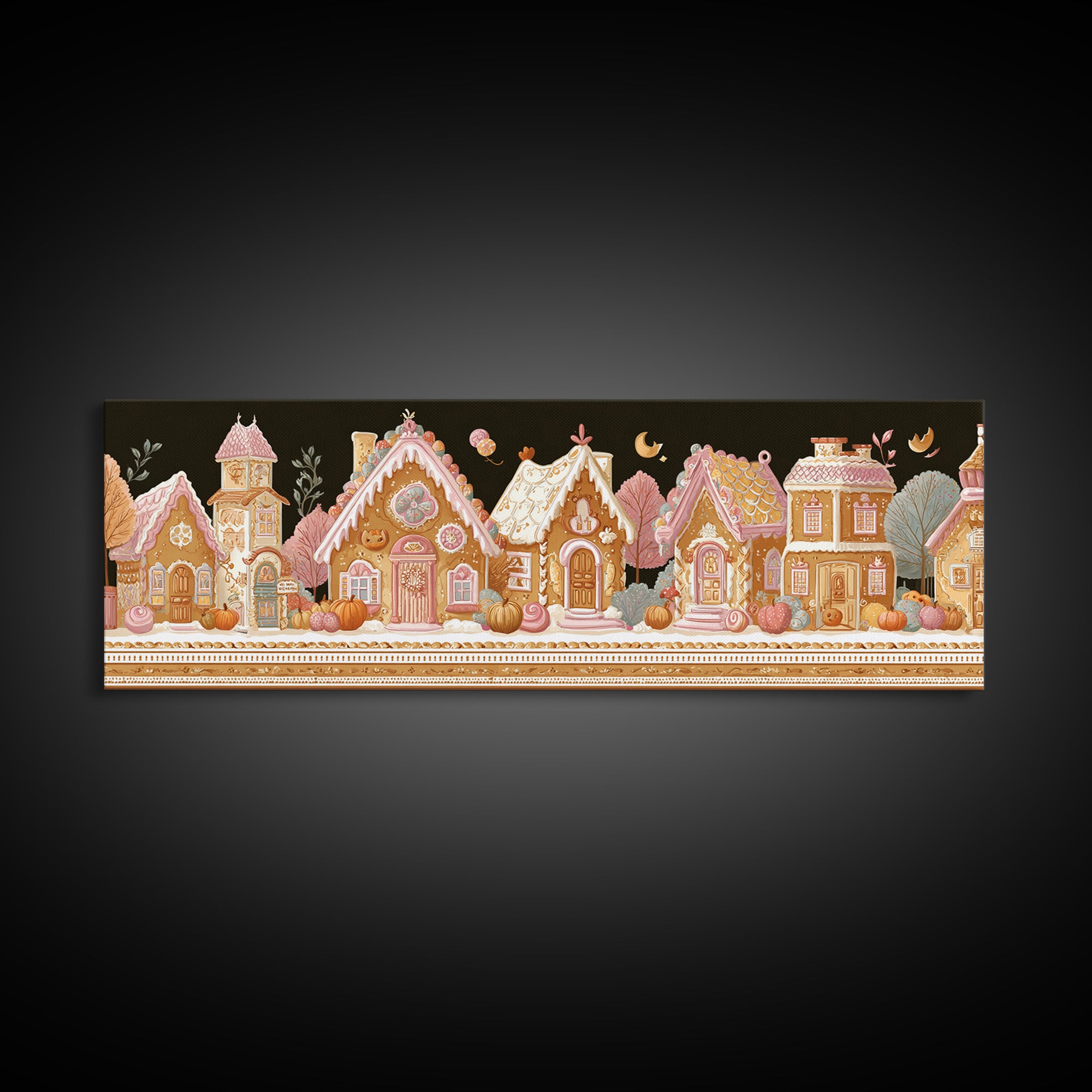 The Halloween Gingerbread Village, Folk Halloween Art, Extra Wide Wall Art, Canvas Print, Cute Halloween Wall Art, Storybook Decor