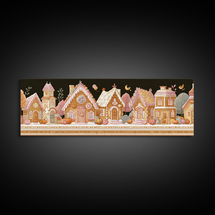 The Halloween Gingerbread Village, Folk Halloween Art, Extra Wide Wall Art, Canvas Print, Cute Halloween Wall Art, Storybook Decor