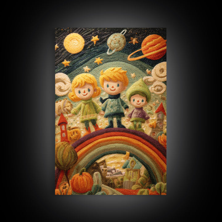 The Parade Across The Stars, Embroidered Halloween Art, Vertical Wall Art, Canvas Print, Cute Halloween Wall Art