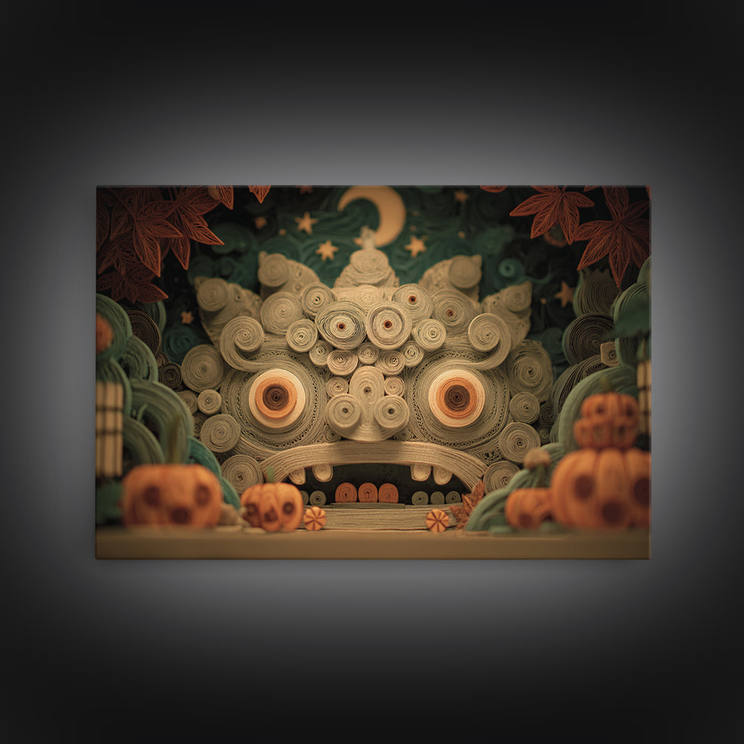The Custodian Of The Whispering Idol, Quilled Halloween Art, Landscape Wall Art, Framed Canvas Print, Cute Halloween Wall Art