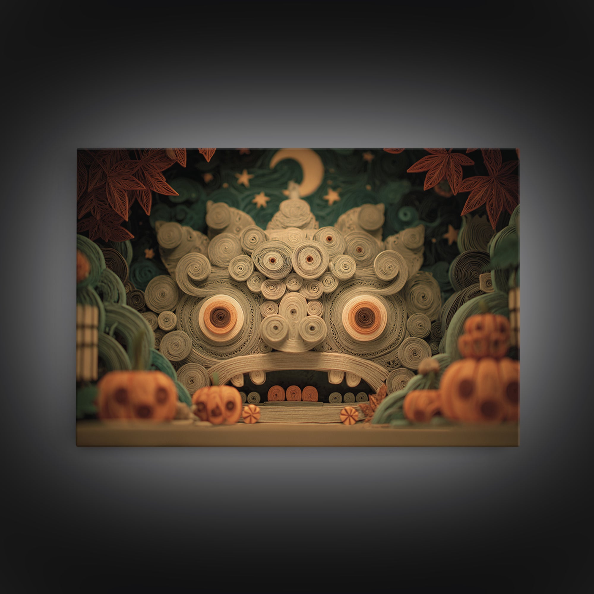 The Custodian Of The Whispering Idol, Quilled Halloween Art, Landscape Wall Art, Framed Canvas Print, Cute Halloween Wall Art