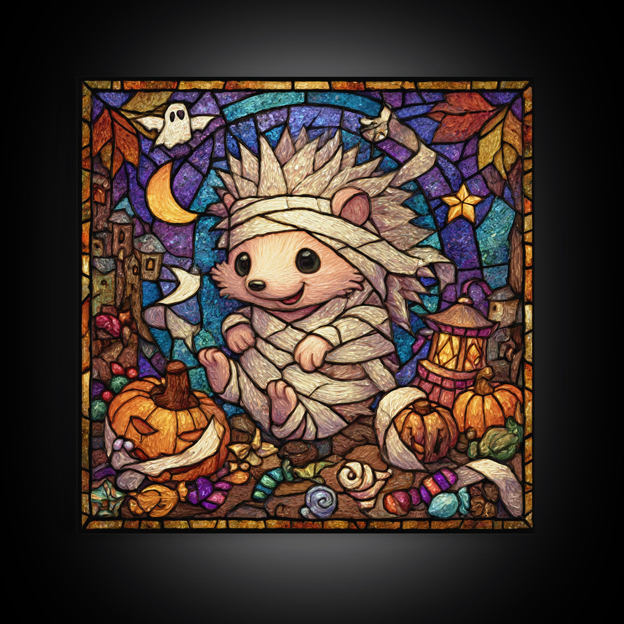 The Hedgehog Mummy, Stained Glass Halloween, Square Wall Art, Canvas Print, Cute Halloween Wall Art, Halloween Kids Decor