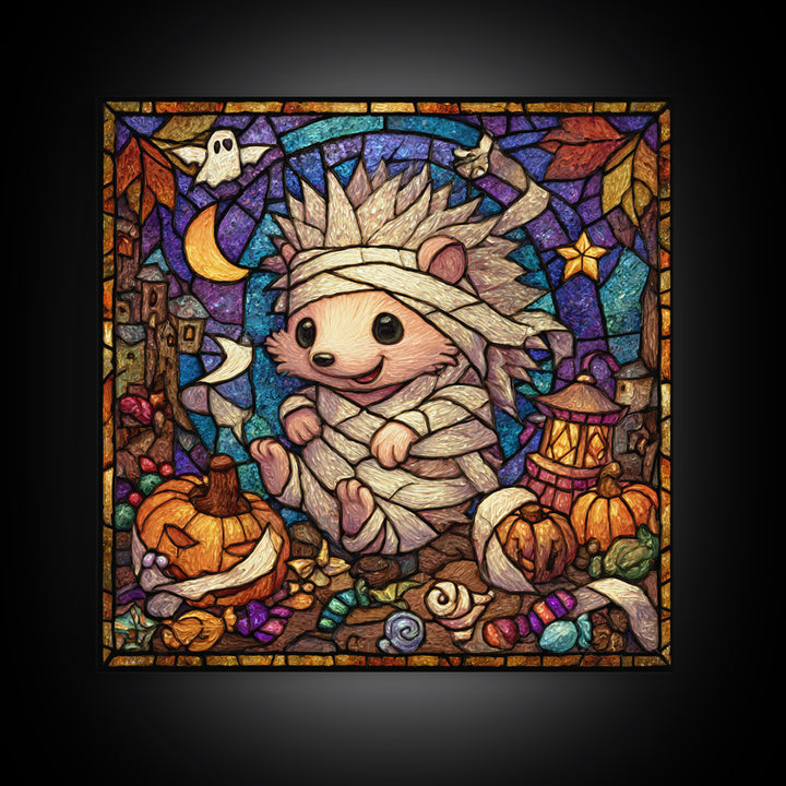 The Hedgehog Mummy, Stained Glass Halloween, Square Wall Art, Canvas Print, Cute Halloween Wall Art, Halloween Kids Decor