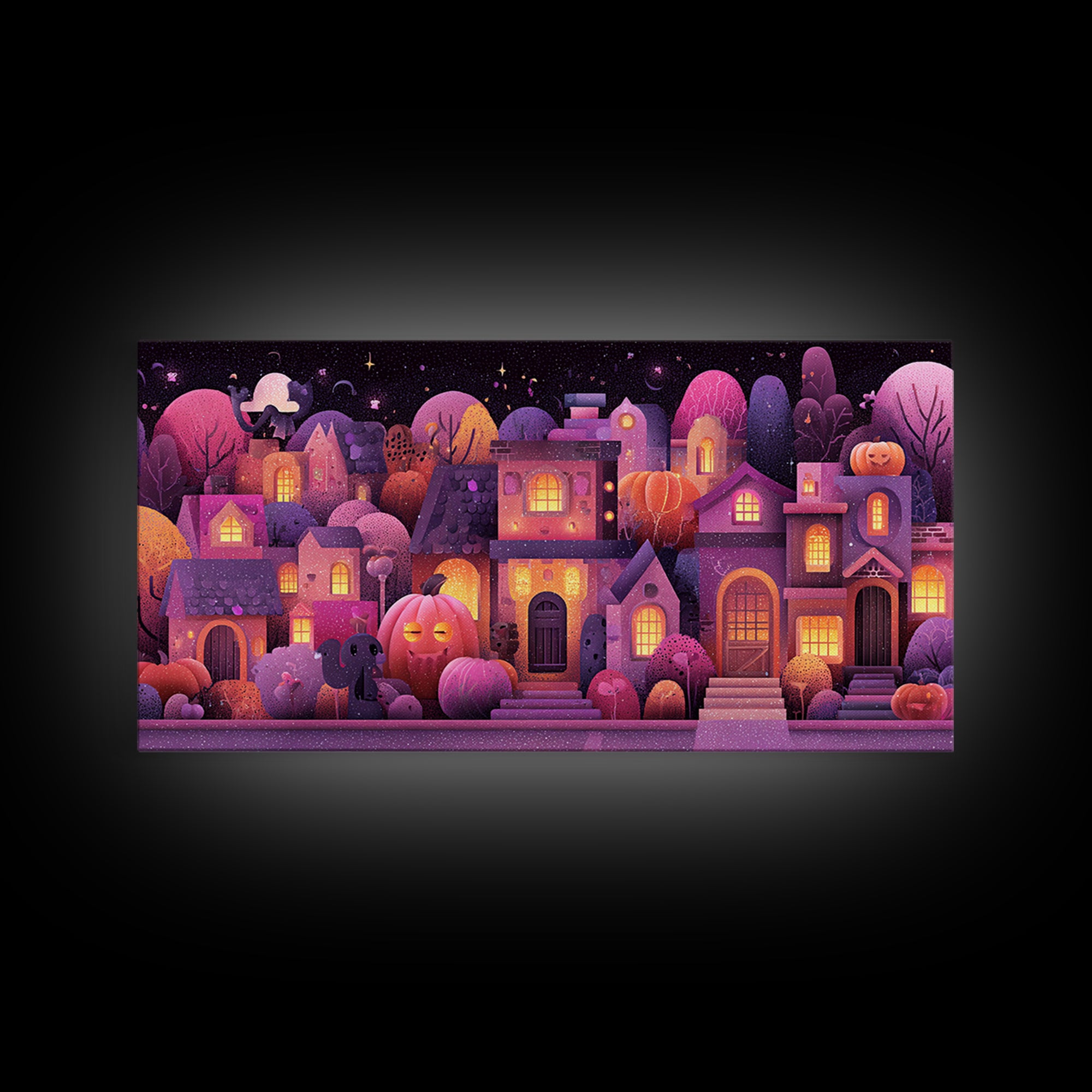 Pumpkin Cottage Lane, Vaporwave Halloween Art, Wide Panoramic Art, Framed Canvas Print, Cute Halloween Wall Art