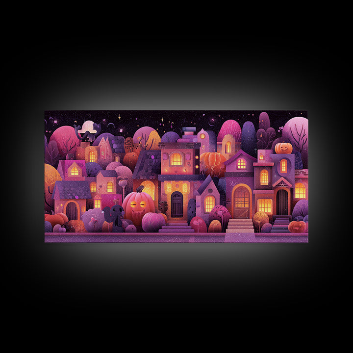 Pumpkin Cottage Lane, Vaporwave Halloween Art, Wide Panoramic Art, Framed Canvas Print, Cute Halloween Wall Art