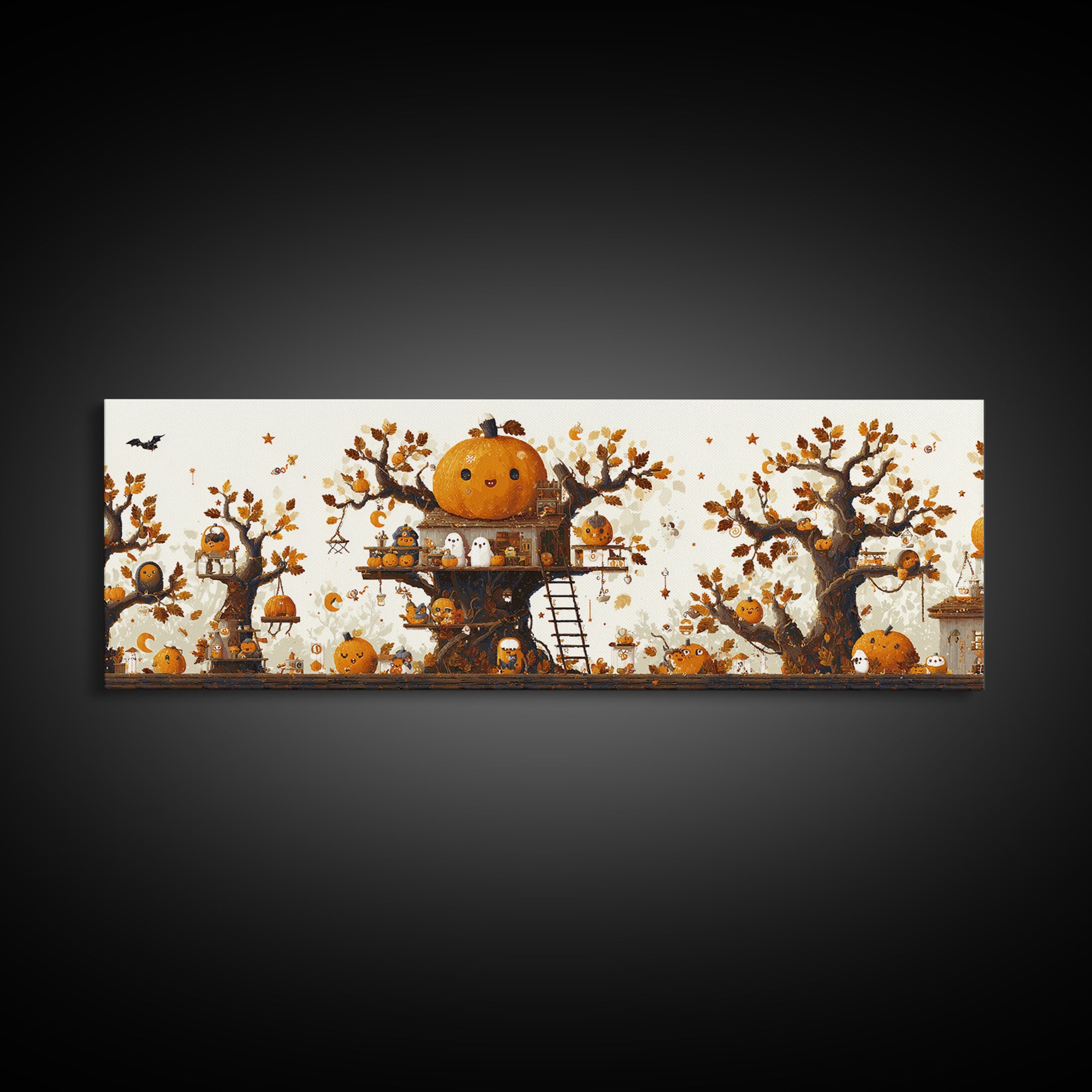 The Pumpkin Treehouse, Pixel Halloween Art, Extra Wide Wall Art, Canvas Print, Cute Halloween Wall Art