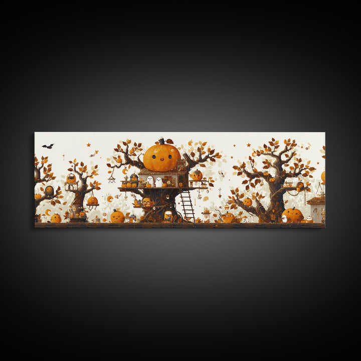 The Pumpkin Treehouse, Pixel Halloween Art, Extra Wide Wall Art, Canvas Print, Cute Halloween Wall Art