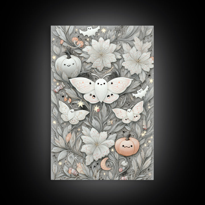 The Moon-Moth Garden, Hand Sketch Halloween Art, Vertical Wall Art, Canvas Print, Cute Halloween Wall Art