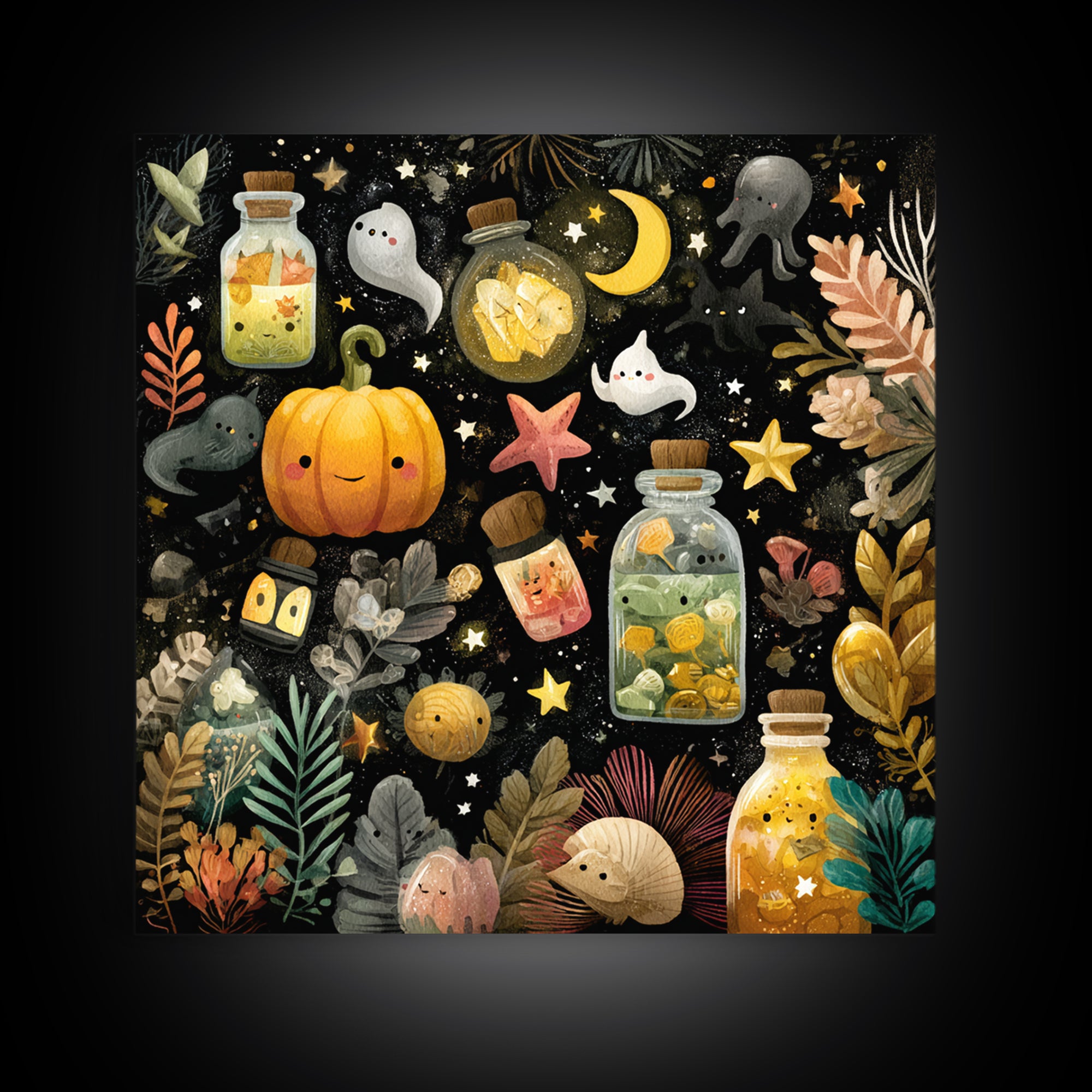 The Apothecary Of Black Seashell Dreams, Gouache Halloween Art, Square Wall Art, Canvas Print, Cute Halloween Wall Art