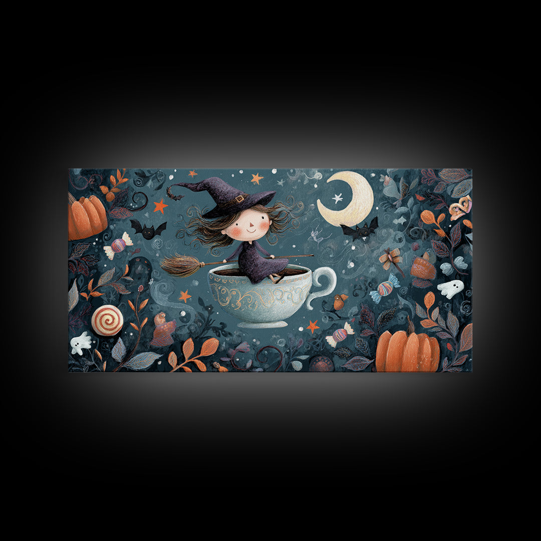The Teacup Witch, Crayon Halloween Art, Wide Panoramic Art, Framed Canvas Print, Cute Halloween Wall Art