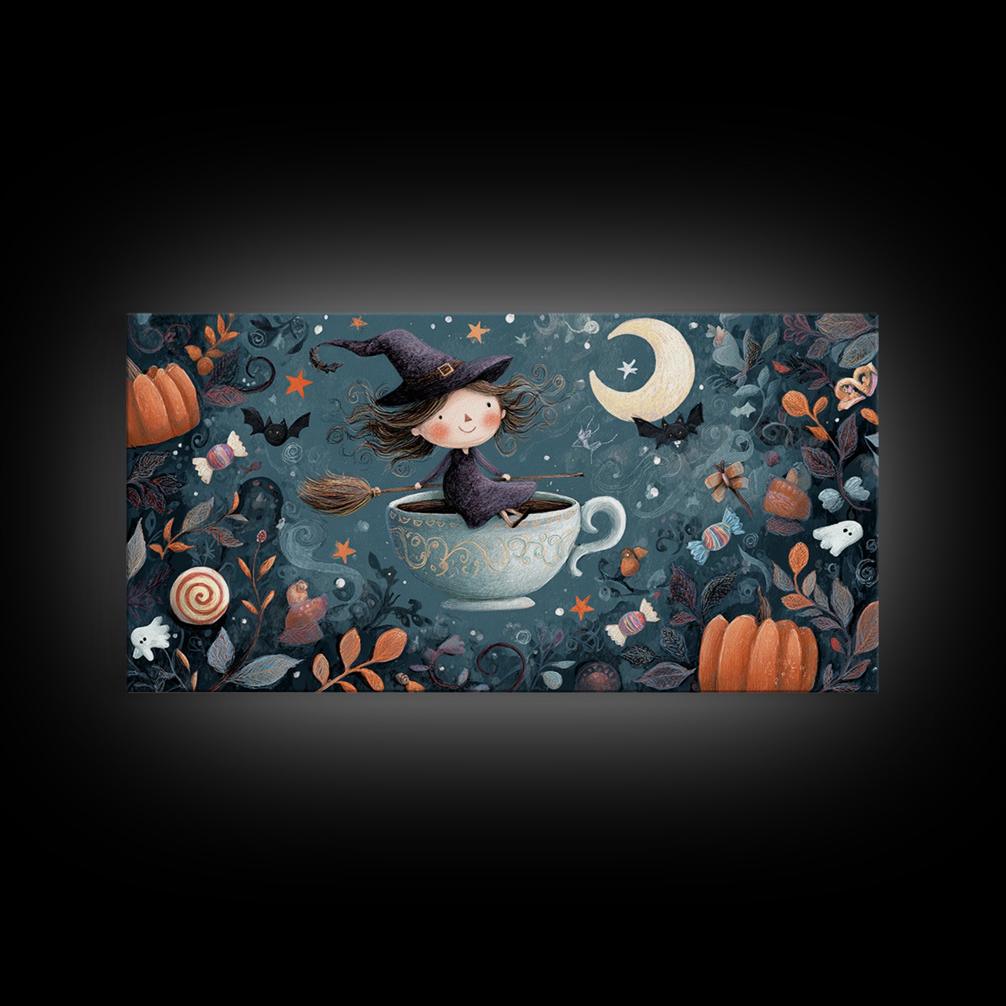 The Teacup Witch, Crayon Halloween Art, Wide Panoramic Art, Framed Canvas Print, Cute Halloween Wall Art