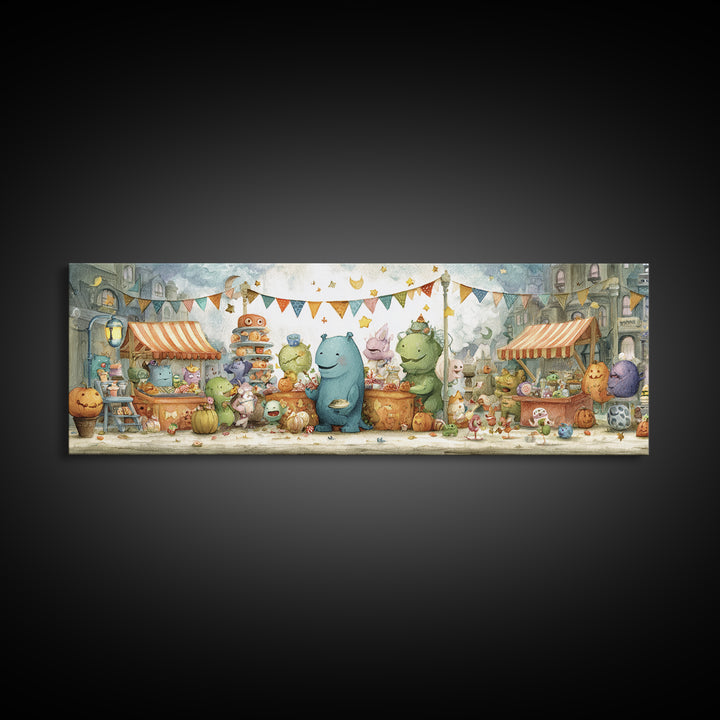 The Friendly Monster Market, Pastel Halloween Art, Extra Wide Wall Art, Canvas Print, Cute Halloween Wall Art