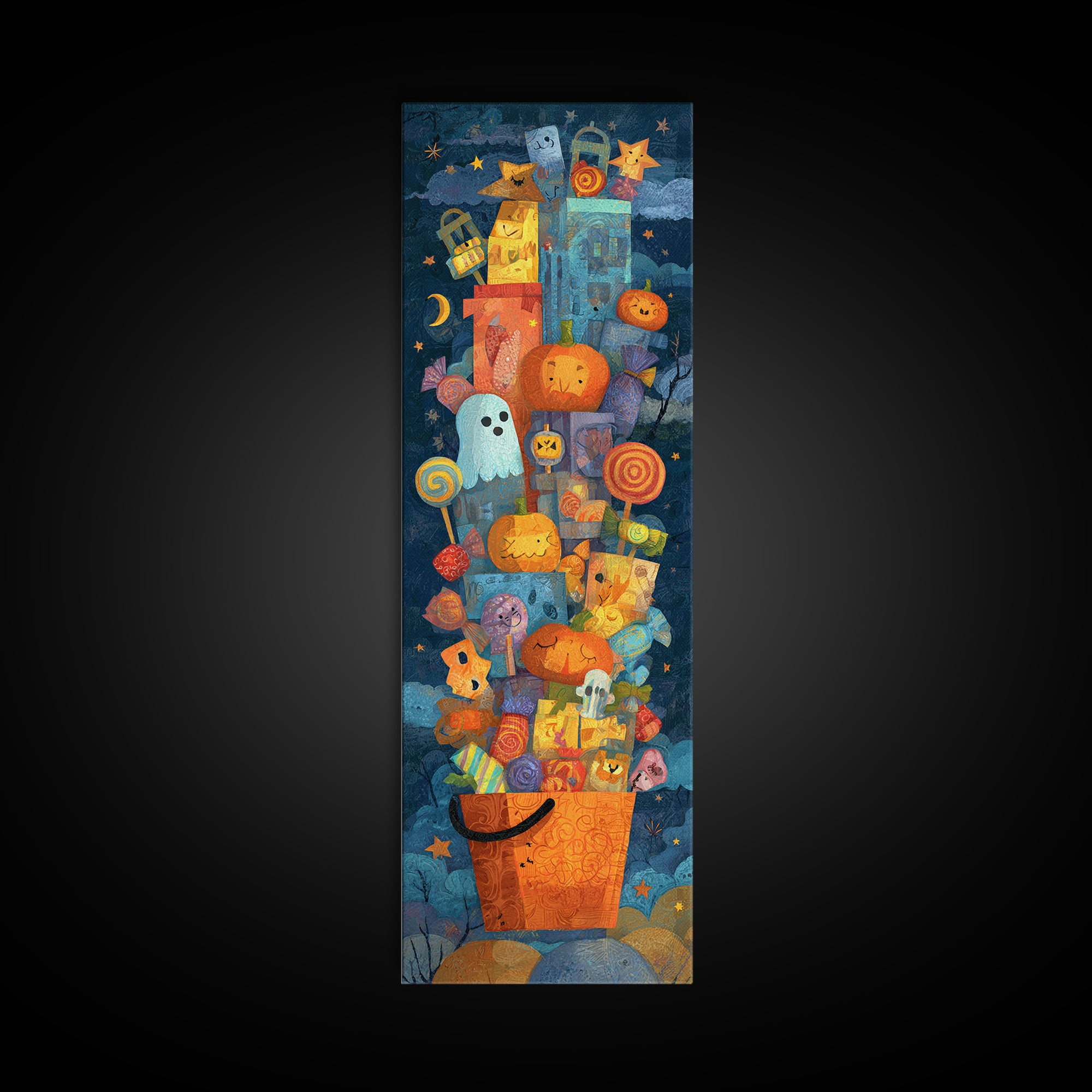The Candy Basket Sleepover, Paper Collage Halloween, Tall Narrow Wall Art, Framed Canvas Print, Cute Halloween Wall Art