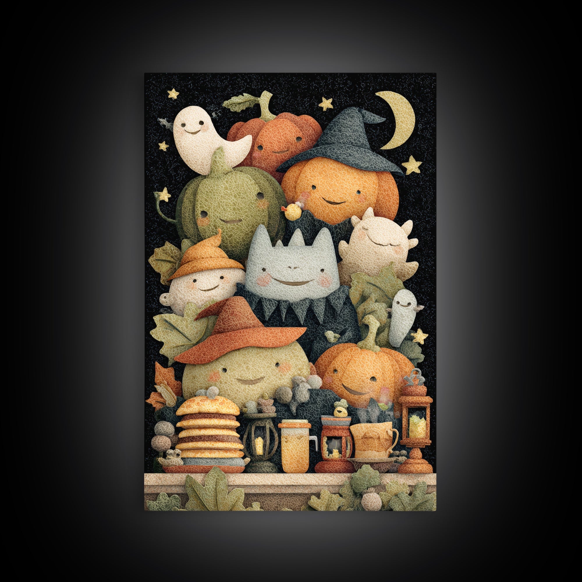 The Pumpkin Pancake Breakfast, Felt Halloween Art, Vertical Wall Art, Canvas Print, Cute Halloween Wall Art