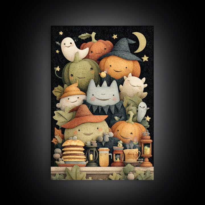 The Pumpkin Pancake Breakfast, Felt Halloween Art, Vertical Wall Art, Canvas Print, Cute Halloween Wall Art