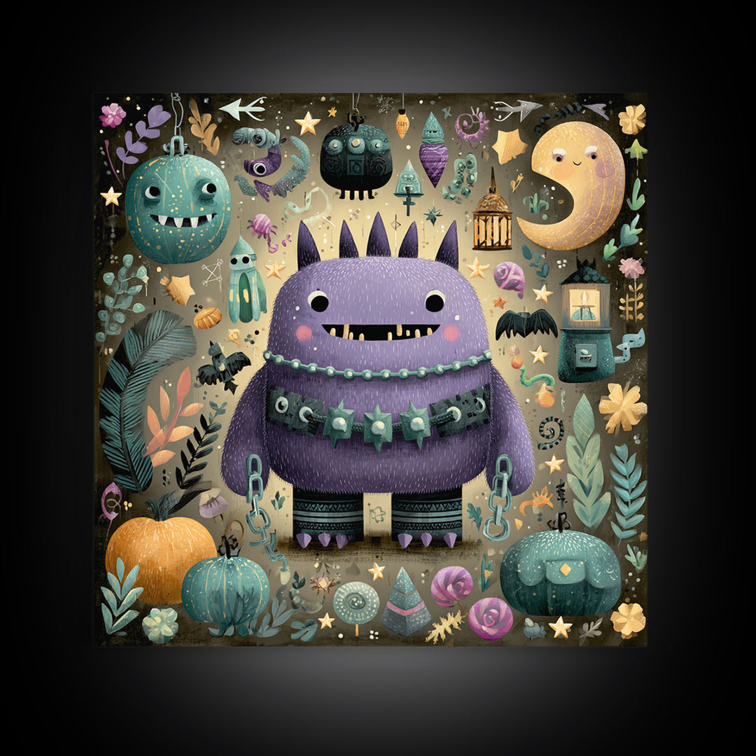 The Moonlit Shoggoth Menagerie, Plush Halloween Art, Square Wall Art, Canvas Print, Cute Halloween Wall Art
