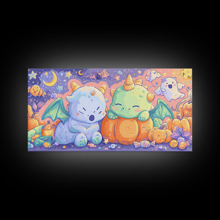 The Sleepy Costume Dragon, Kawaii Halloween Art, Wide Panoramic Art, Framed Canvas Print, Cute Halloween Wall Art