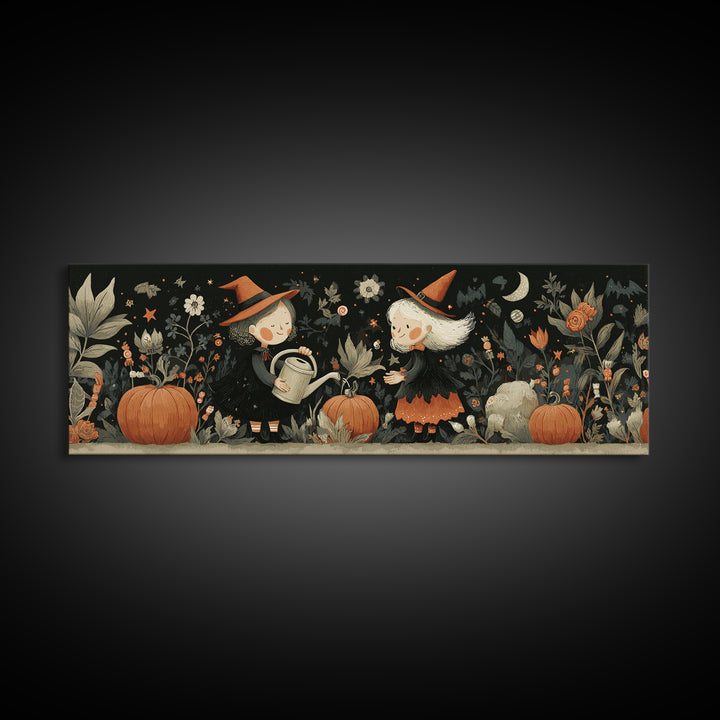 The Moon Garden Witch, Retro Halloween Art, Extra Wide Wall Art, Canvas Print, Cute Halloween Wall Art