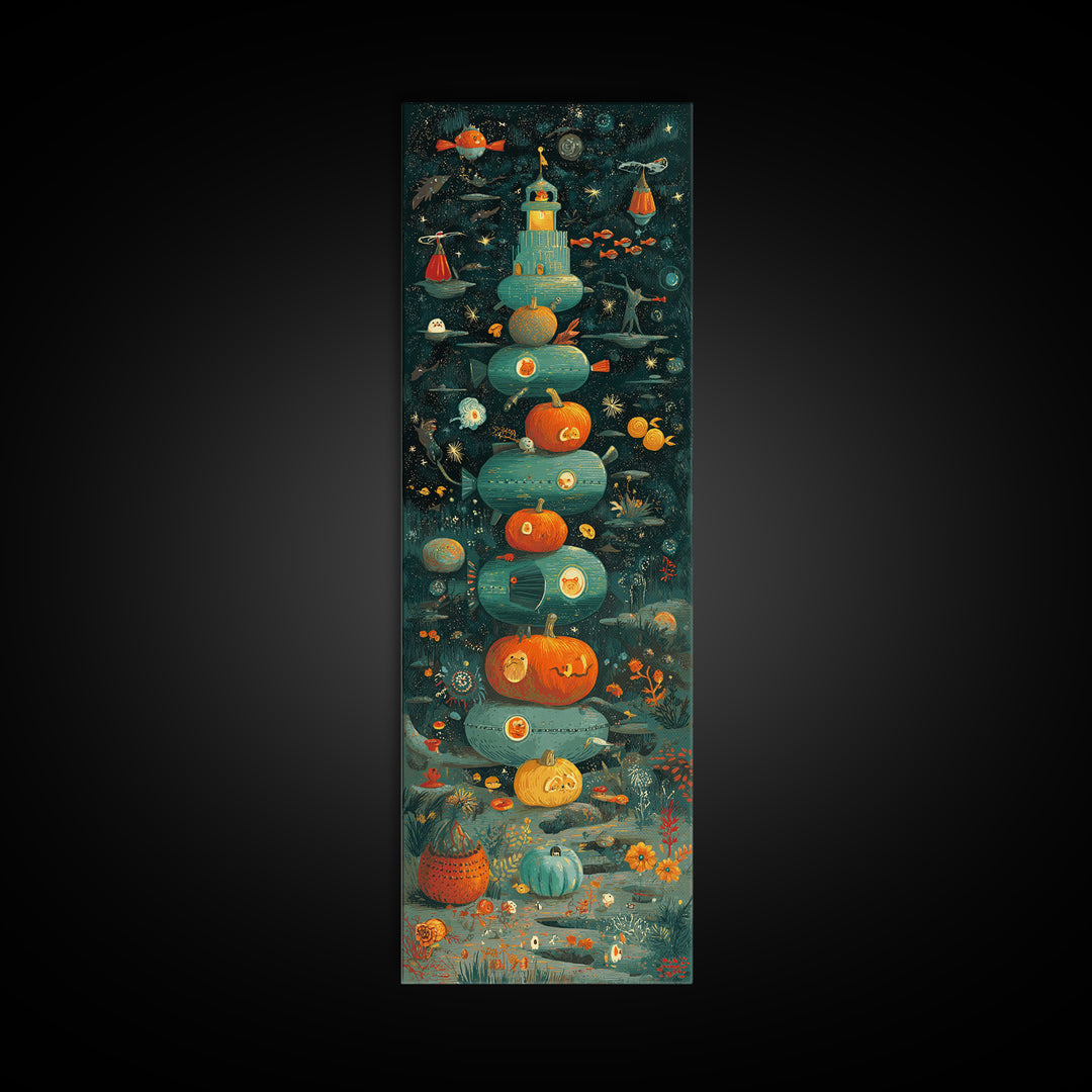 The Pumpkin Submarine, Screenprint Halloween Art, Tall Narrow Wall Art, Framed Canvas Print, Cute Halloween Wall Art