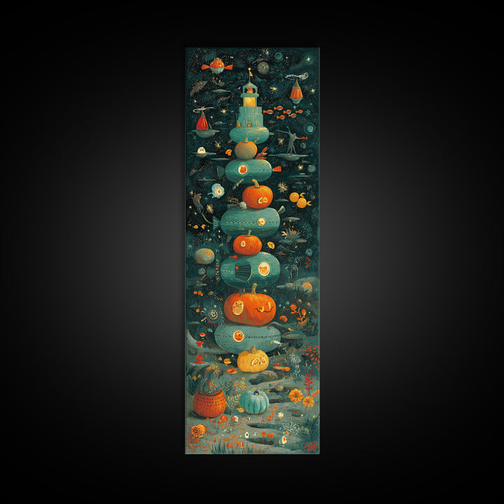 The Pumpkin Submarine, Screenprint Halloween Art, Tall Narrow Wall Art, Framed Canvas Print, Cute Halloween Wall Art