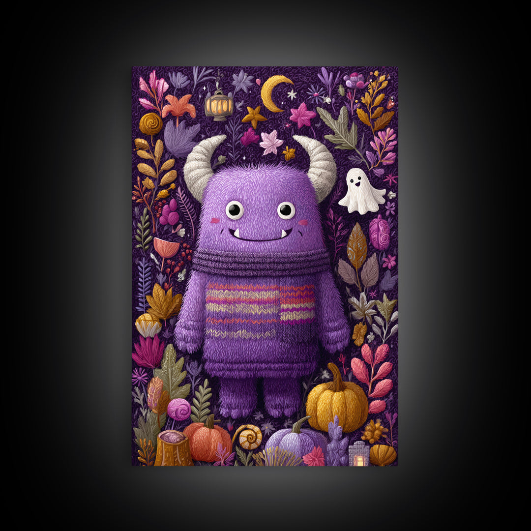 The Fuzzy Purple Monster, Folk Halloween Art, Vertical Wall Art, Canvas Print, Cute Halloween Wall Art