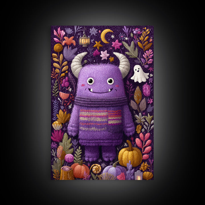 The Fuzzy Purple Monster, Folk Halloween Art, Vertical Wall Art, Canvas Print, Cute Halloween Wall Art