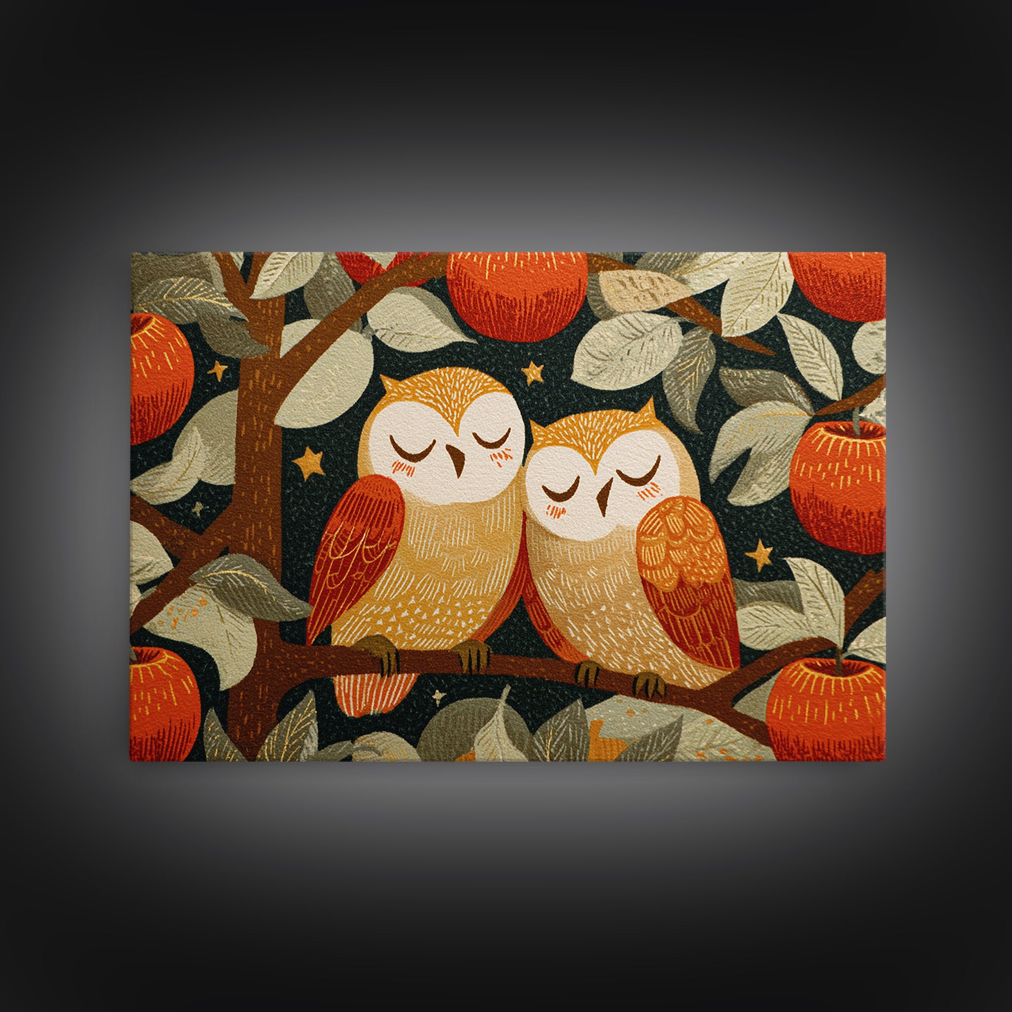 The Sleepy Owl Orchard, Linocut Halloween Art, Landscape Wall Art, Framed Canvas Print, Cute Halloween Wall Art