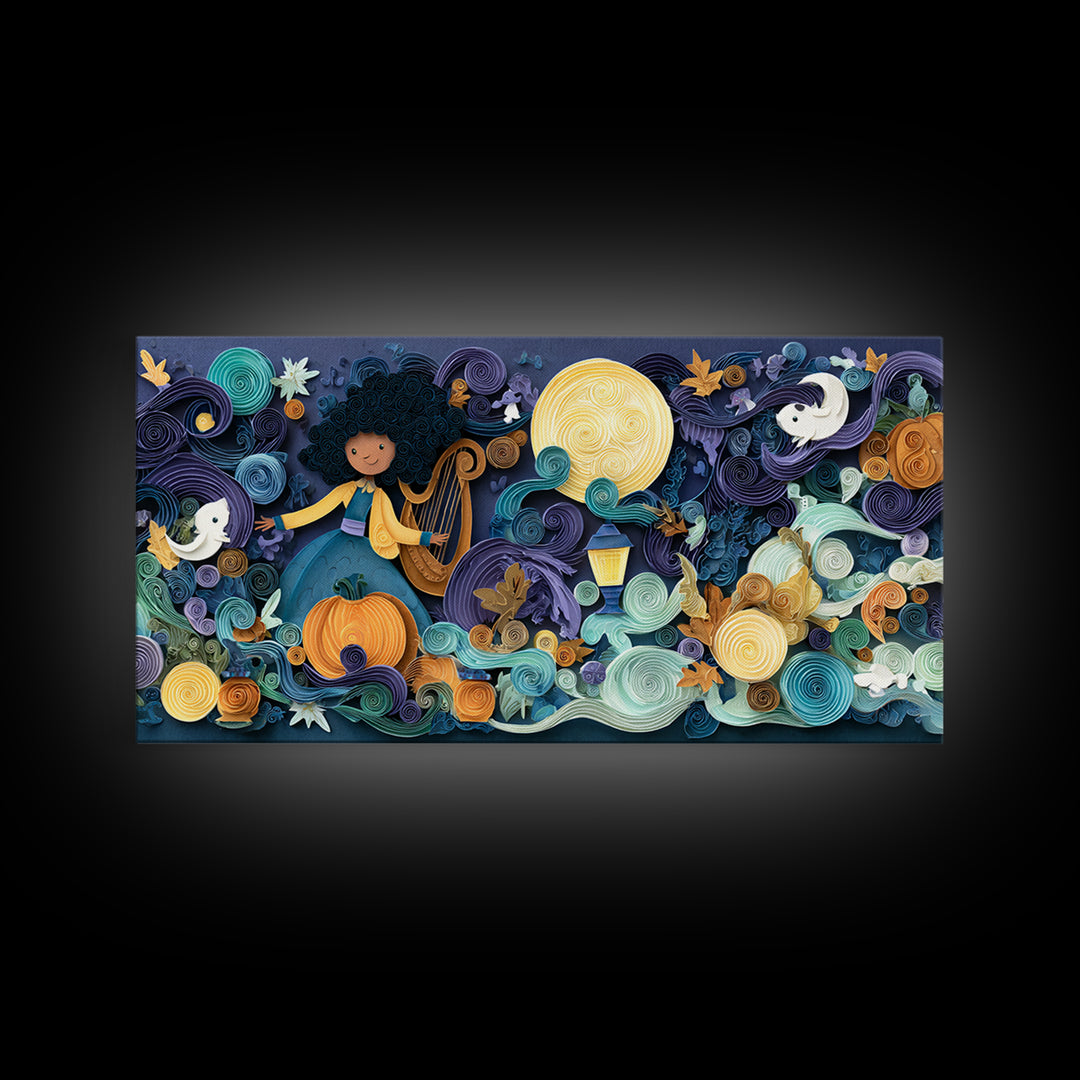 The Harpist Of Abyssal Sleep, Quilled Halloween Art, Wide Panoramic Art, Framed Canvas Print, Cute Halloween Wall Art