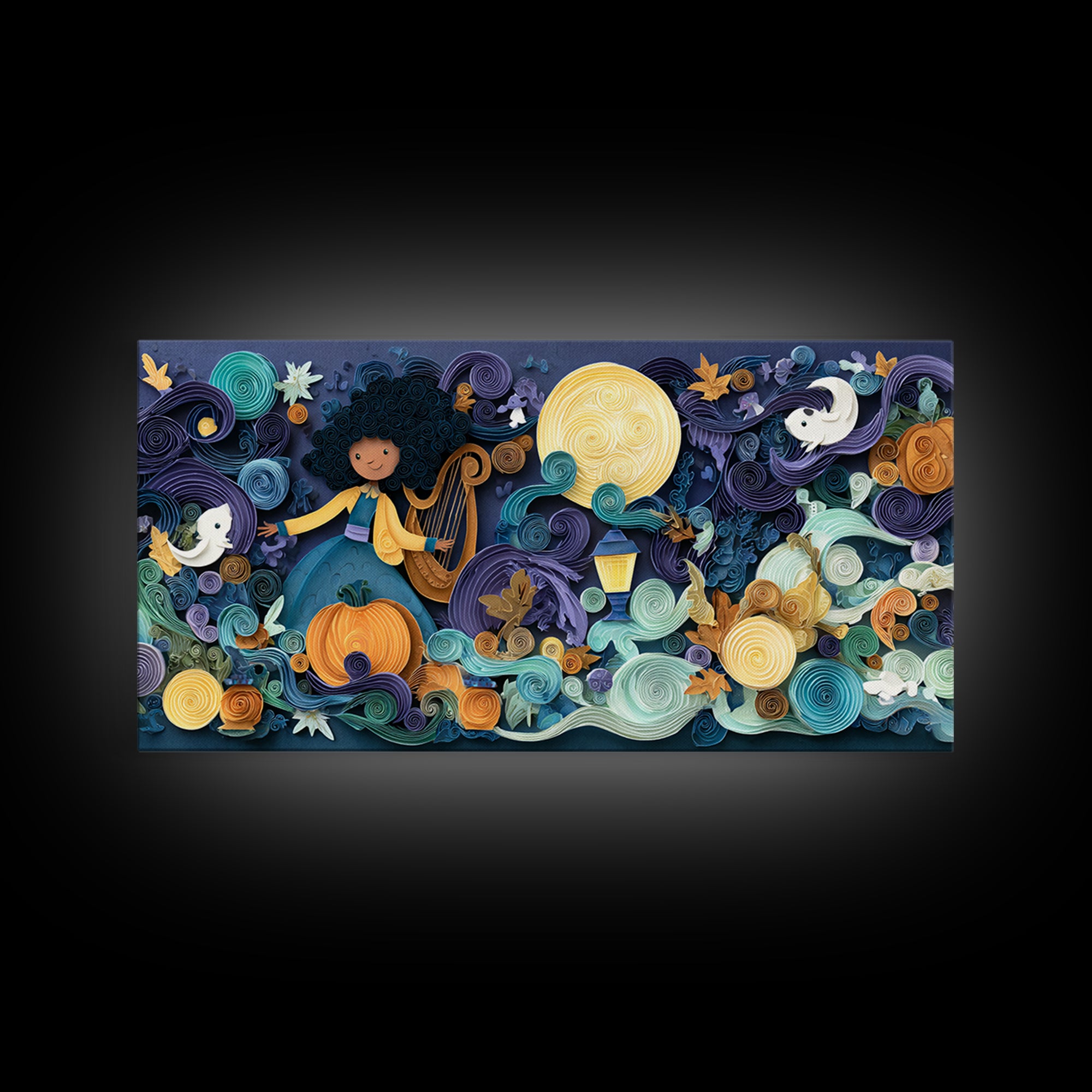 The Harpist Of Abyssal Sleep, Quilled Halloween Art, Wide Panoramic Art, Framed Canvas Print, Cute Halloween Wall Art