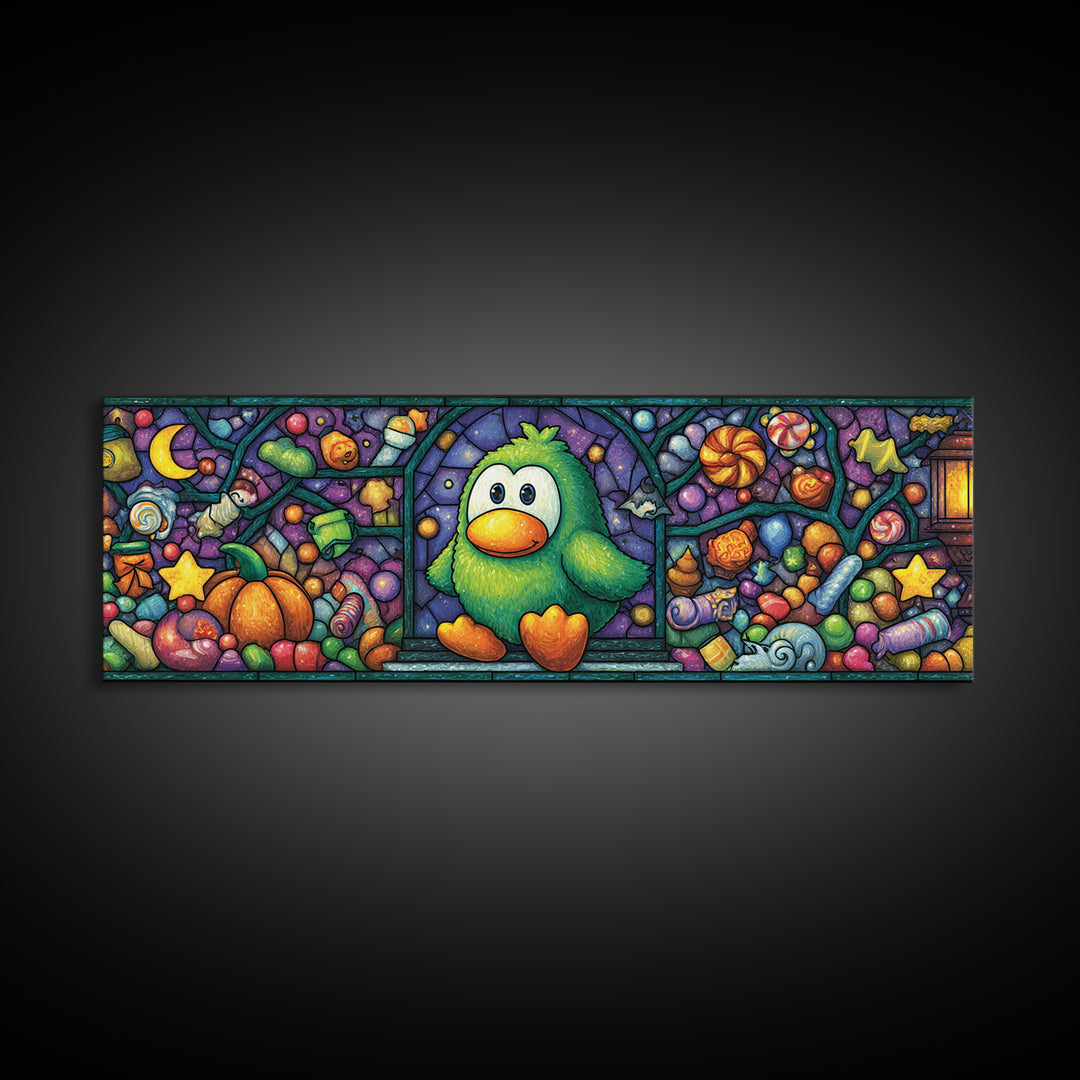 The Penguin Monster, Stained Glass Halloween, Extra Wide Wall Art, Canvas Print, Cute Halloween Wall Art