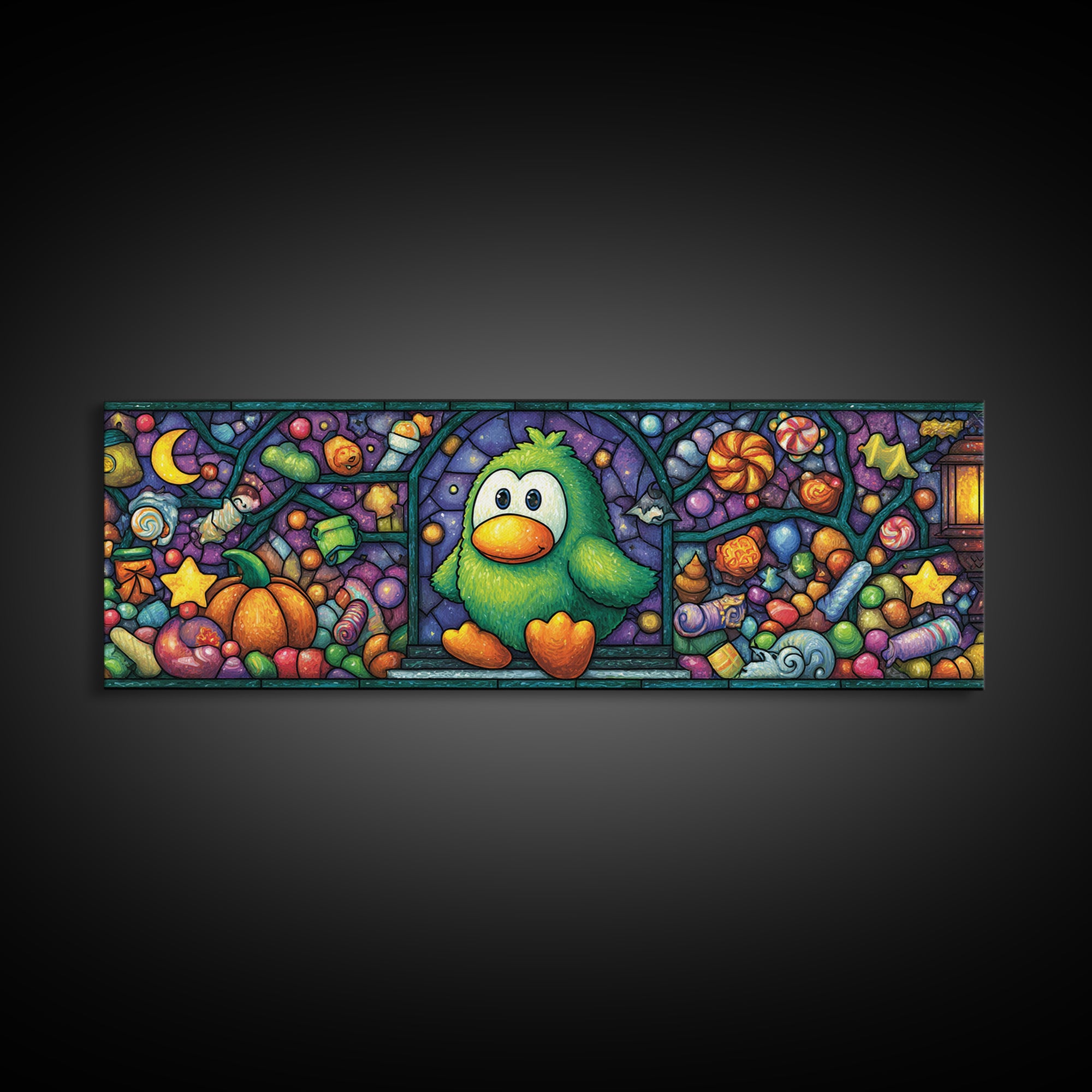 The Penguin Monster, Stained Glass Halloween, Extra Wide Wall Art, Canvas Print, Cute Halloween Wall Art