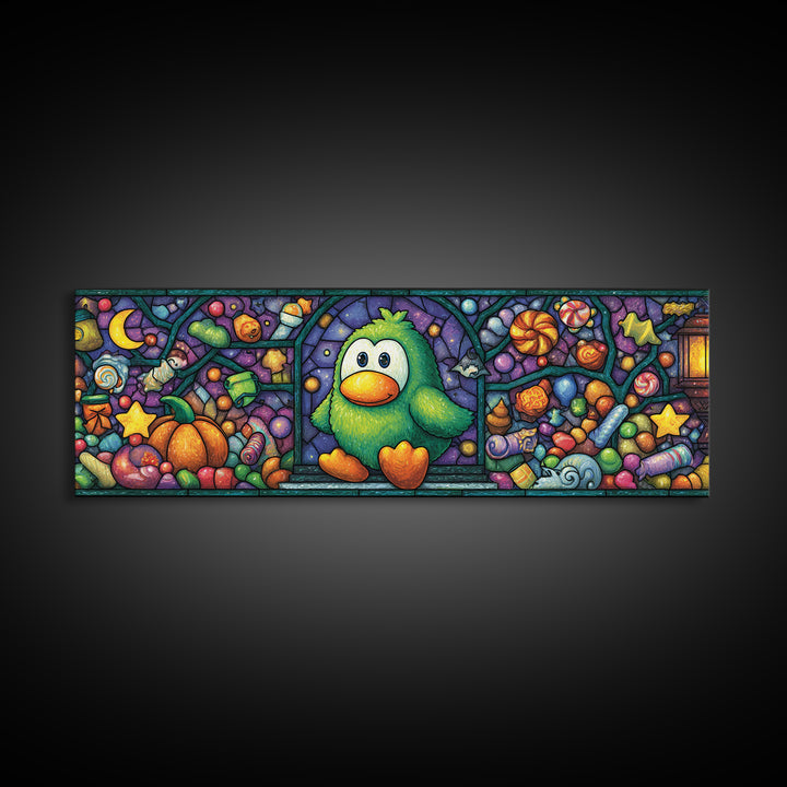The Penguin Monster, Stained Glass Halloween, Extra Wide Wall Art, Canvas Print, Cute Halloween Wall Art