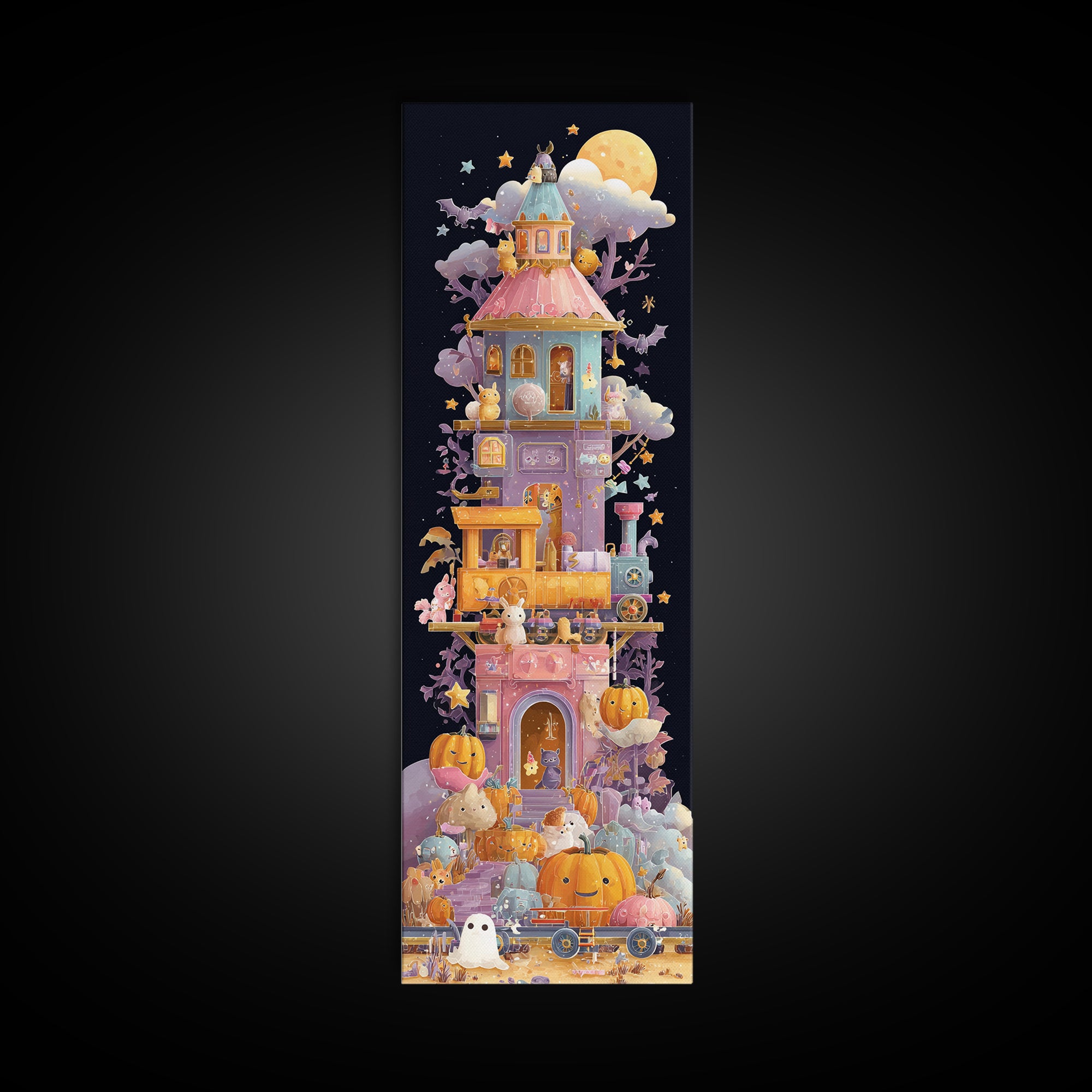 The Pumpkin Train Station, Vaporwave Halloween Art, Tall Narrow Wall Art, Framed Canvas Print, Cute Halloween Wall Art