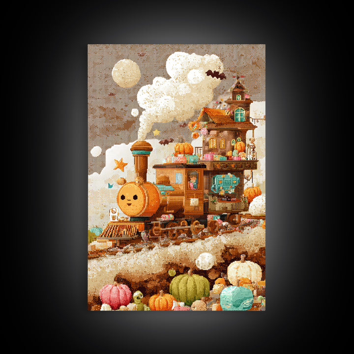 The Chocolate Pumpkin Train, Pixel Halloween Art, Vertical Wall Art, Canvas Print, Cute Halloween Wall Art