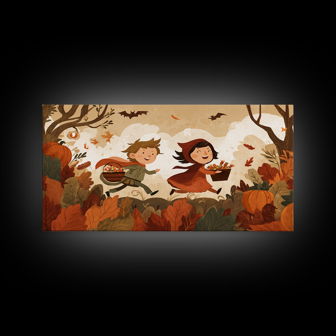 The Candy Bucket Relay Race, Vector Halloween Art, Landscape Wall Art, Framed Canvas Print, Cute Halloween Wall Art, Storybook Decor