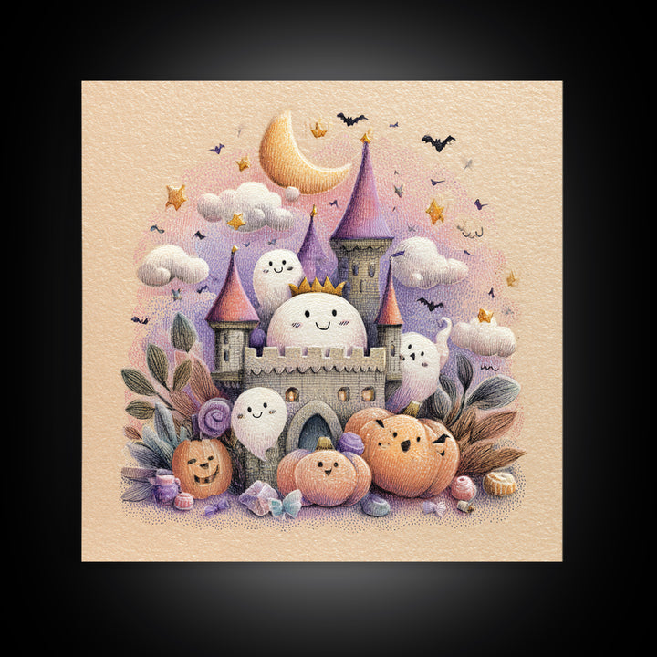 The Halloween Cloud Castle, Hand Sketch Halloween Art, Square Wall Art, Canvas Print, Cute Halloween Wall Art
